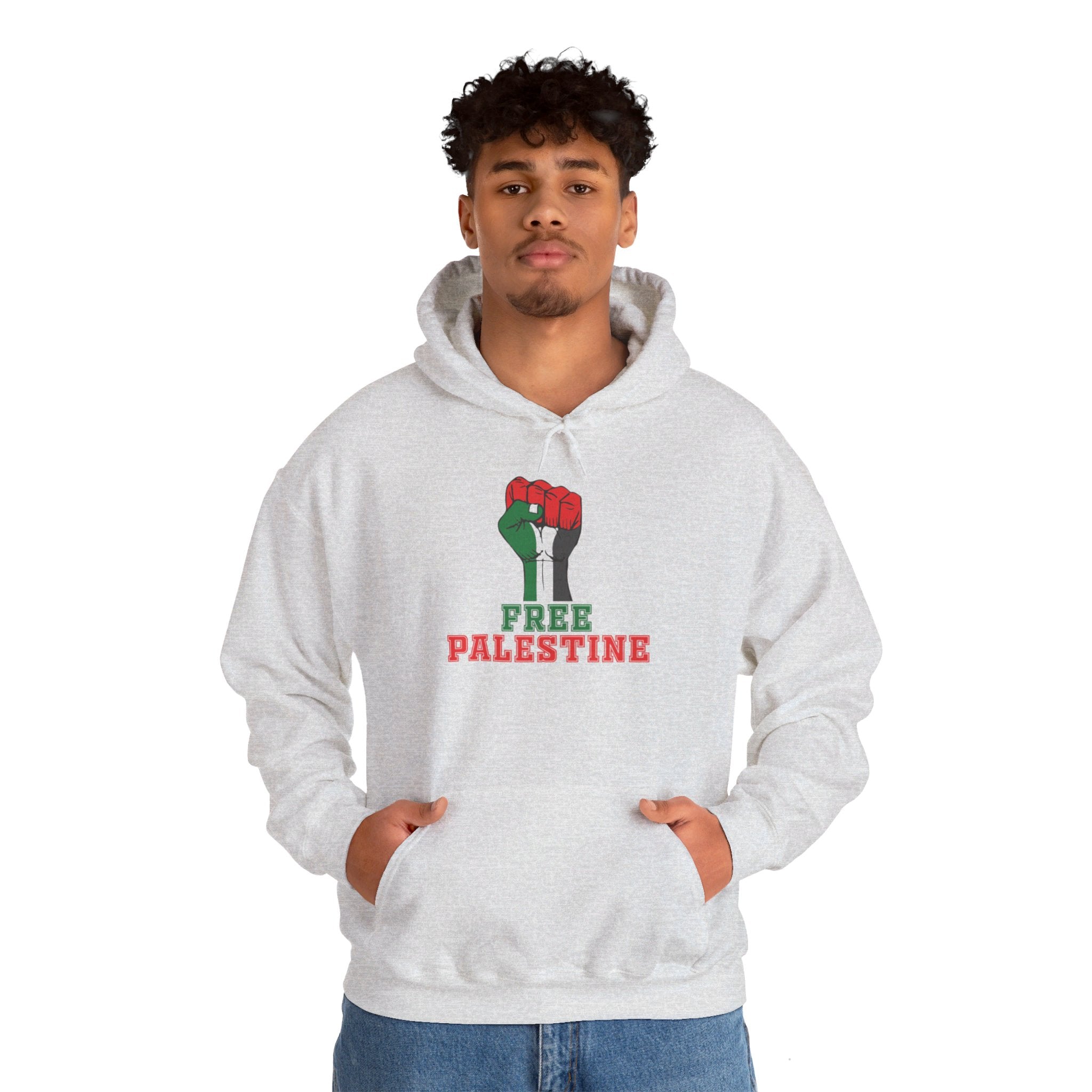 Man wearing Palestine fist hoodie ash