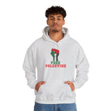 Man wearing Palestine fist hoodie ash