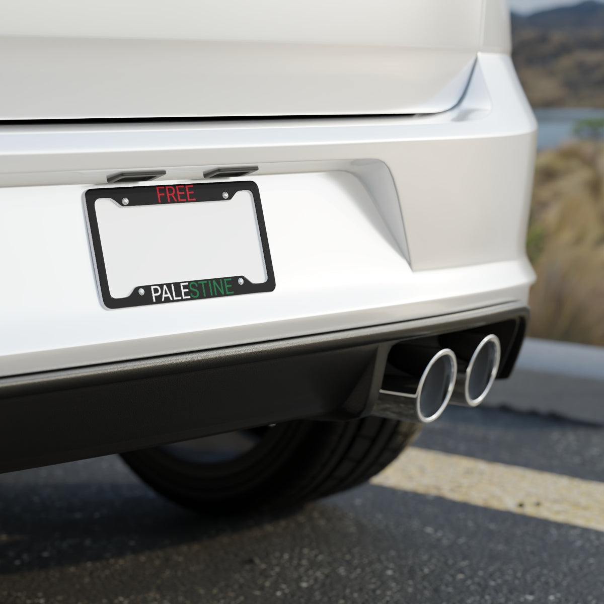 Free Palestine license plate frame mounted on a car