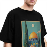 A man wearing Palestine Jerusalem T-Shirt in black close-up look